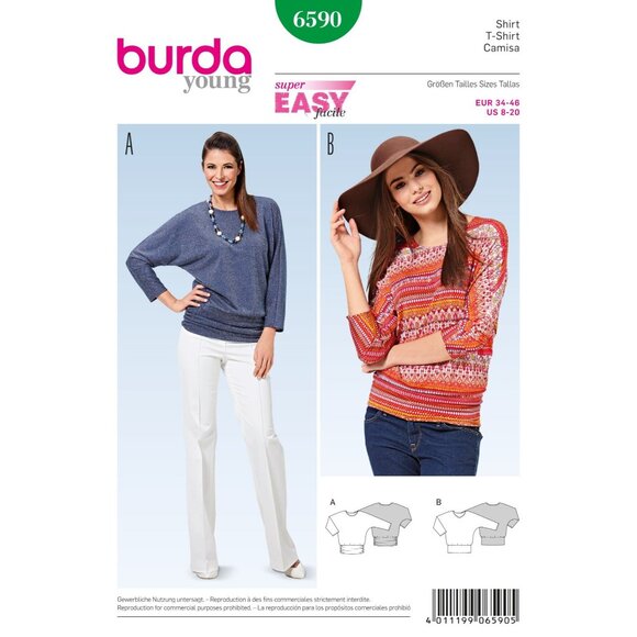 Burda Young 6590 Sewing Pattern Womens Semi-Fitted Jersey Shirts US 8-20 - Picture 1 of 2